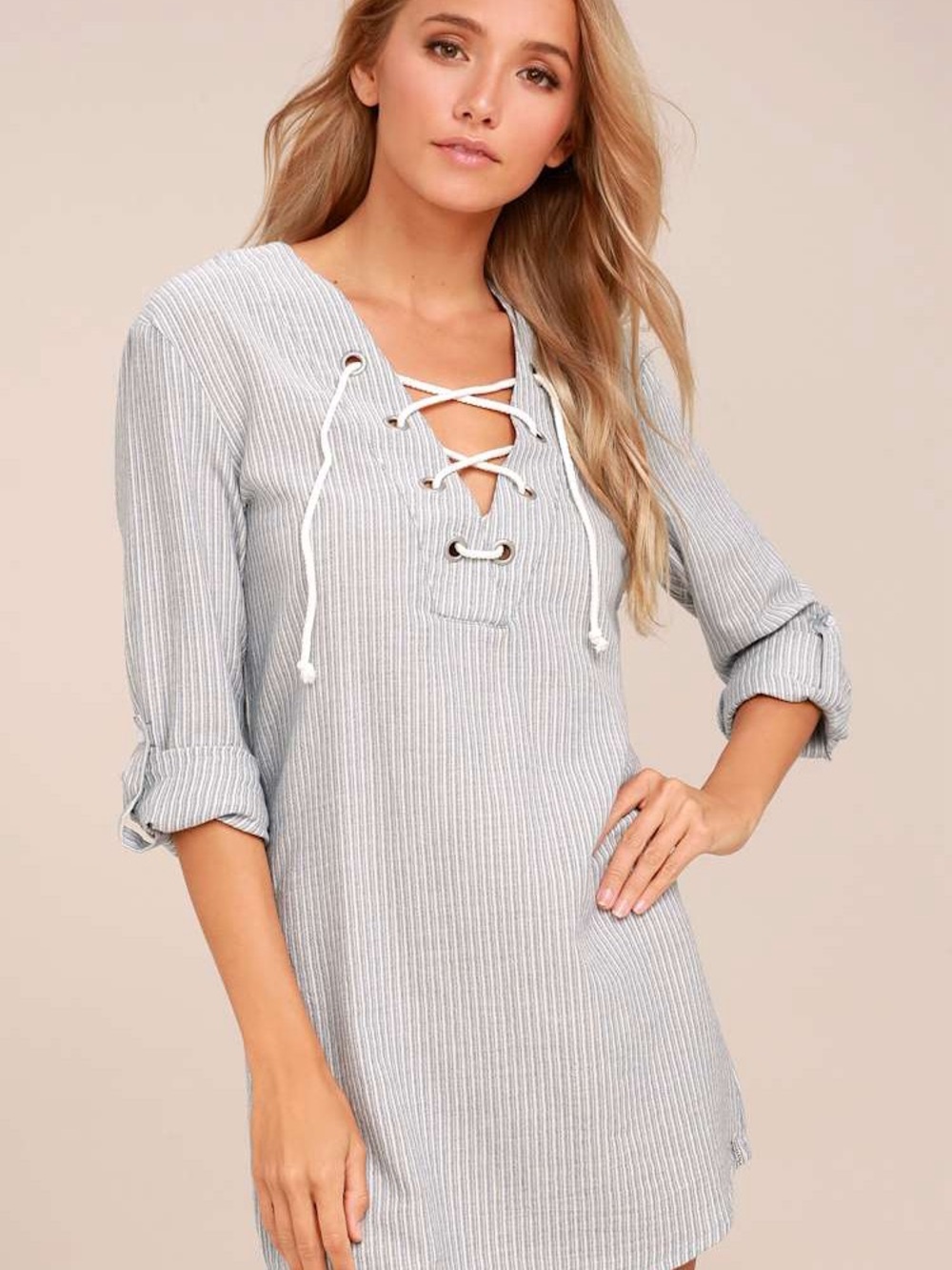 Rhythm Tiki Blue and White Striped Lace-Up Shift Dress